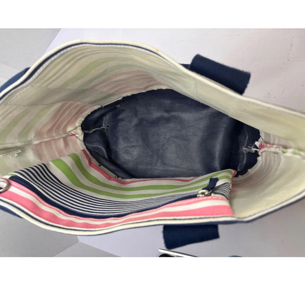 Pottery Barn Kids Canvas Tote Bag Striped Pink Green‎ Navy Blue Beach Toy Bag